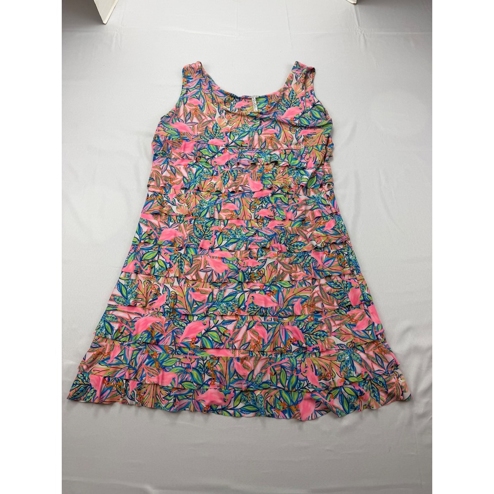 Bulu-Lulu Ruffle Tiered Dress Womens Large Pink Flamingo Tropical Sleeveless - Picture 1 of 12